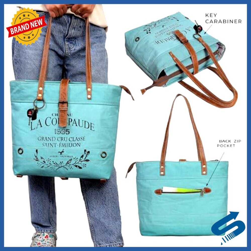 Upcycled Canvas Tote Bag Eco-Friendly Spacious Multi-Compartment Daily Use - Picture 2 of 7